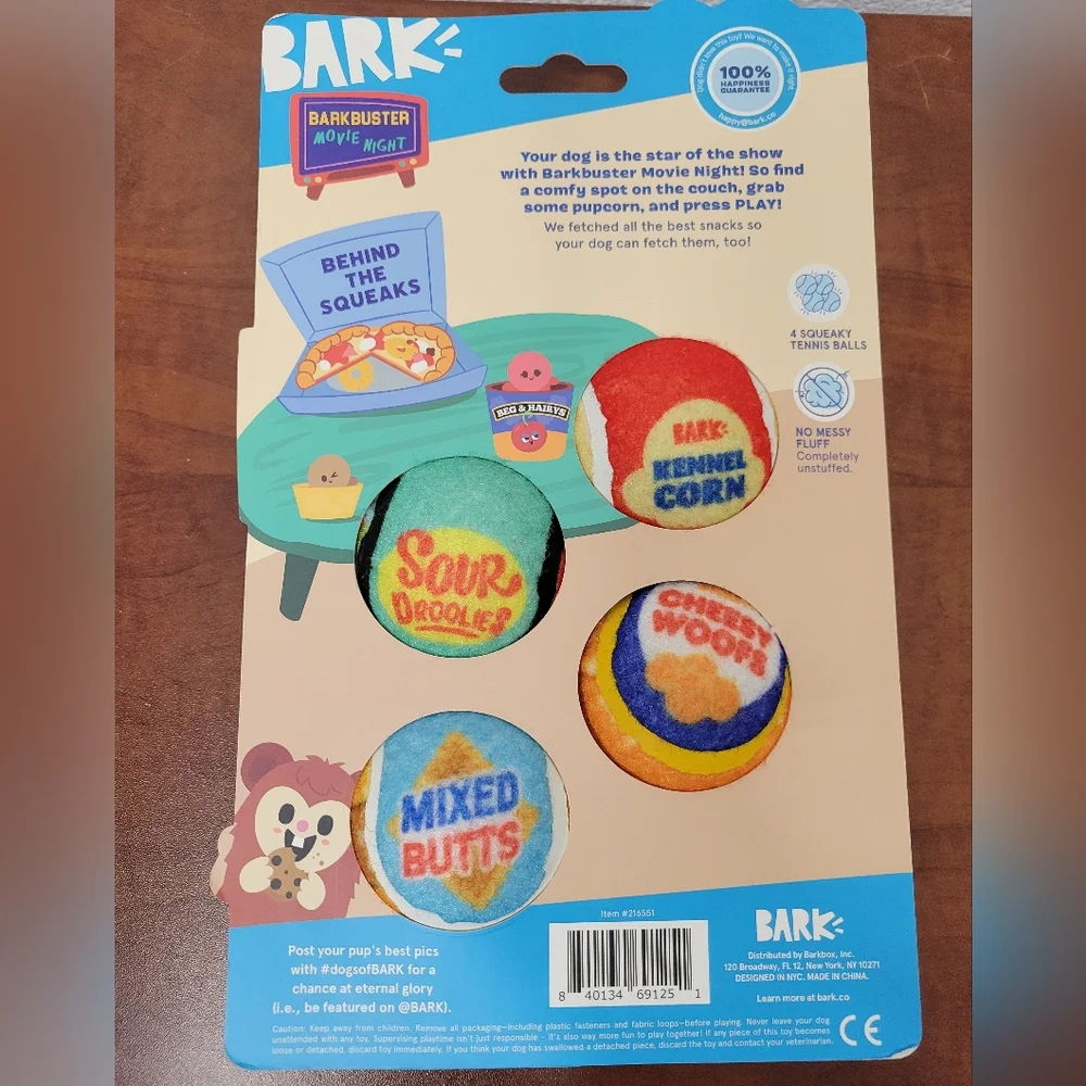 Bark Barkbuster Movie Night Dog Toys Squeak Fish And Tennis Balls Xs-Med Nwt